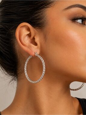 White Gold Filled Twisted Rope Round Hoop Earrings. 2.5 inches